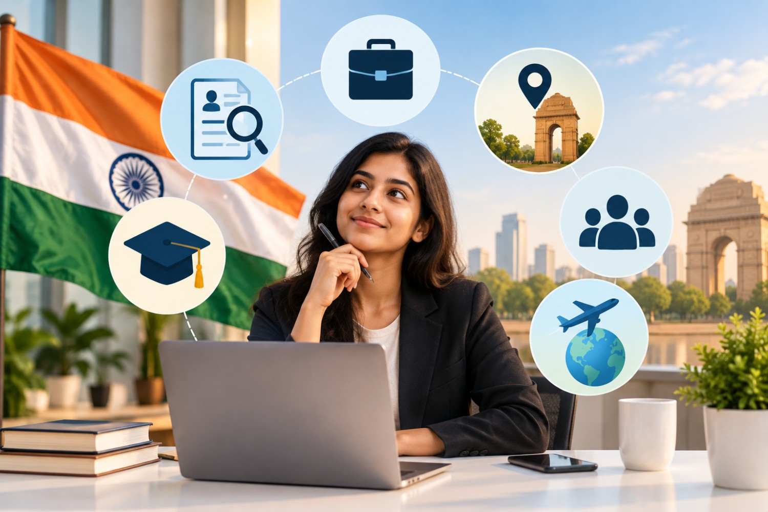 Indian job applicant exploring career opportunities at MiM-Essay with resume, job, education and Delhi-related career icons.